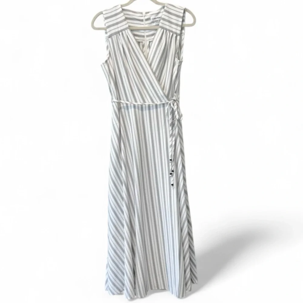 Calvin Klein Gray White Stripe Wrap Maxi Dress Size 10 - Picture 2 of 10